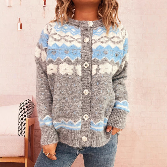 Damen gemütliche Strickjacke mit blauen Mustern und Knopfverschluss EB