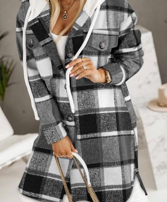 Damen Longline-Strickmantel mit Kapuze, Zierknöpfen und Kontrasttaschen EB