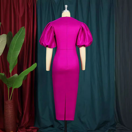 Damen figurbetontes Kleid mit Puffärmeln und Schlüssel-Ausschnitt EB