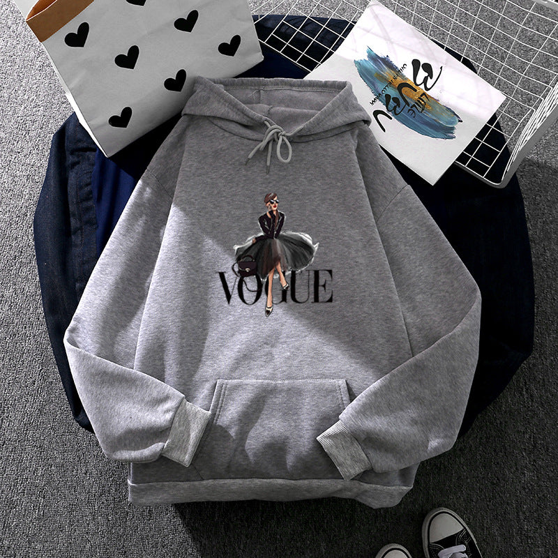 Damen nan modischer Kapuzenpullover mit Fashion-Illustration, geräumiger Eingrifftasche und kuscheligem Fleece EB