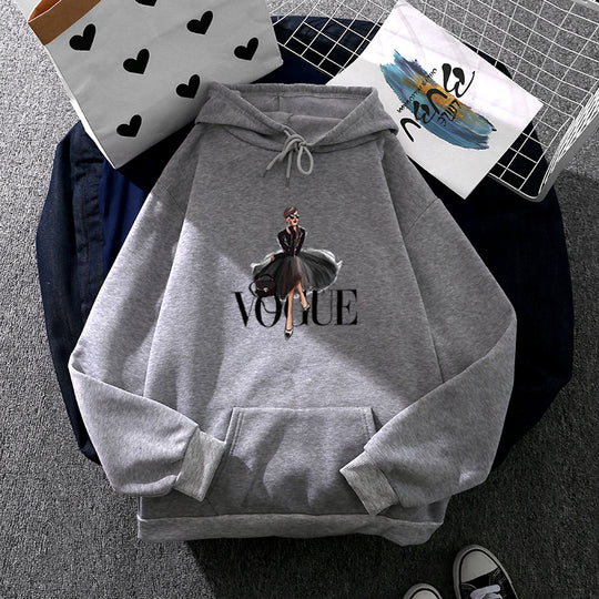 Damen nan modischer Kapuzenpullover mit Fashion-Illustration, geräumiger Eingrifftasche und kuscheligem Fleece EB