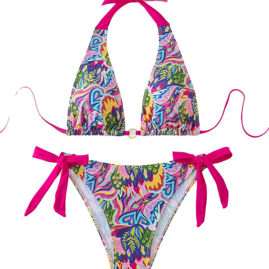 Damen Triangel-Bikini mit modischem Bindeband und auffälligem Mustermix EB