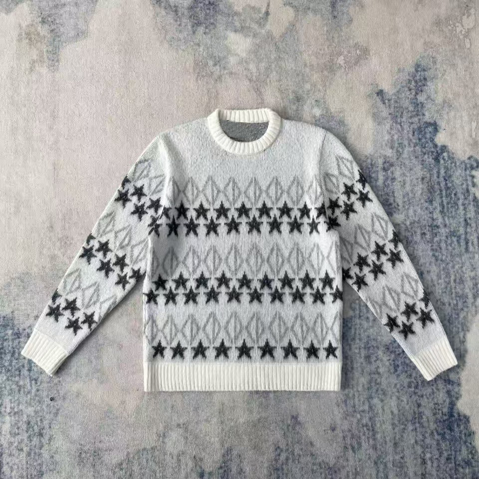 Damen nan melierter Rundhalsausschnittpullover mit kreisförmigem Jacquard-Yoke und geripptem Saum EB