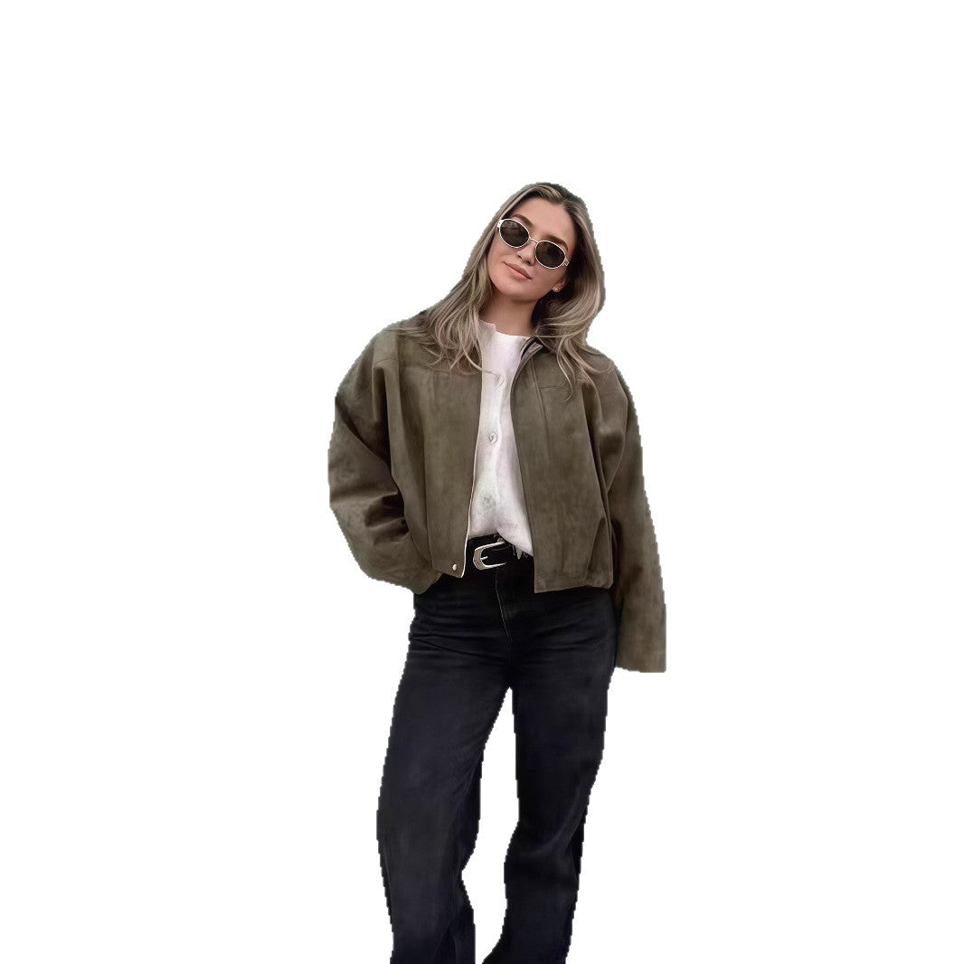 Damen Oversized Freizeitjacke aus hochwertigem Wildlederimitat mit dekorativen Details EB