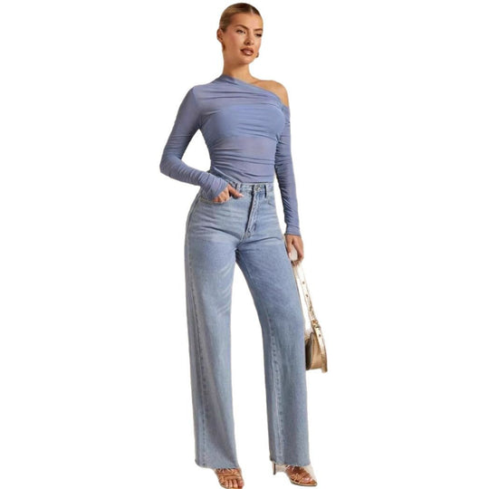 Damen Asymmetrischer Body mit Raffungen und langen Ärmeln EB