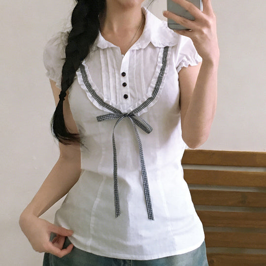 Damenbluse mit Rüschendetails und kontrastierendem Halsband EB