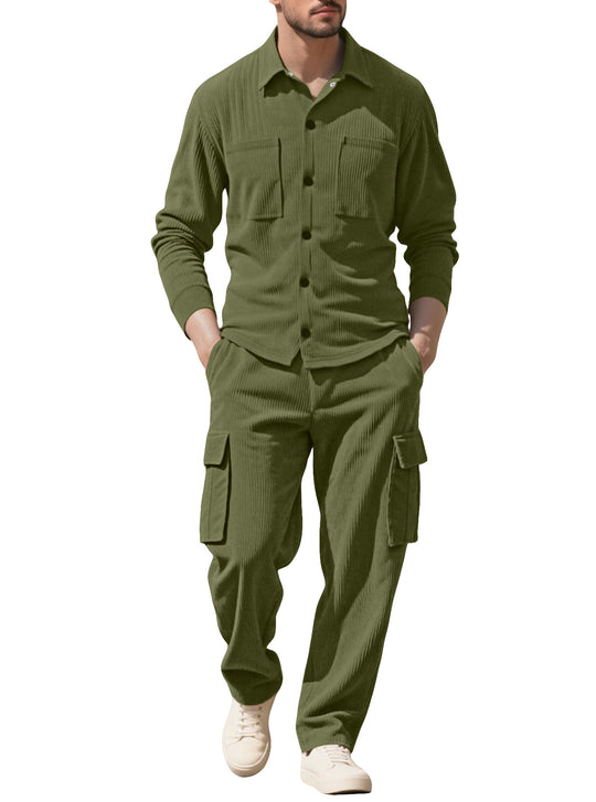 Herren nan geripptes Worker-Hemd mit Brusttaschen und entspannter Cargohose EB