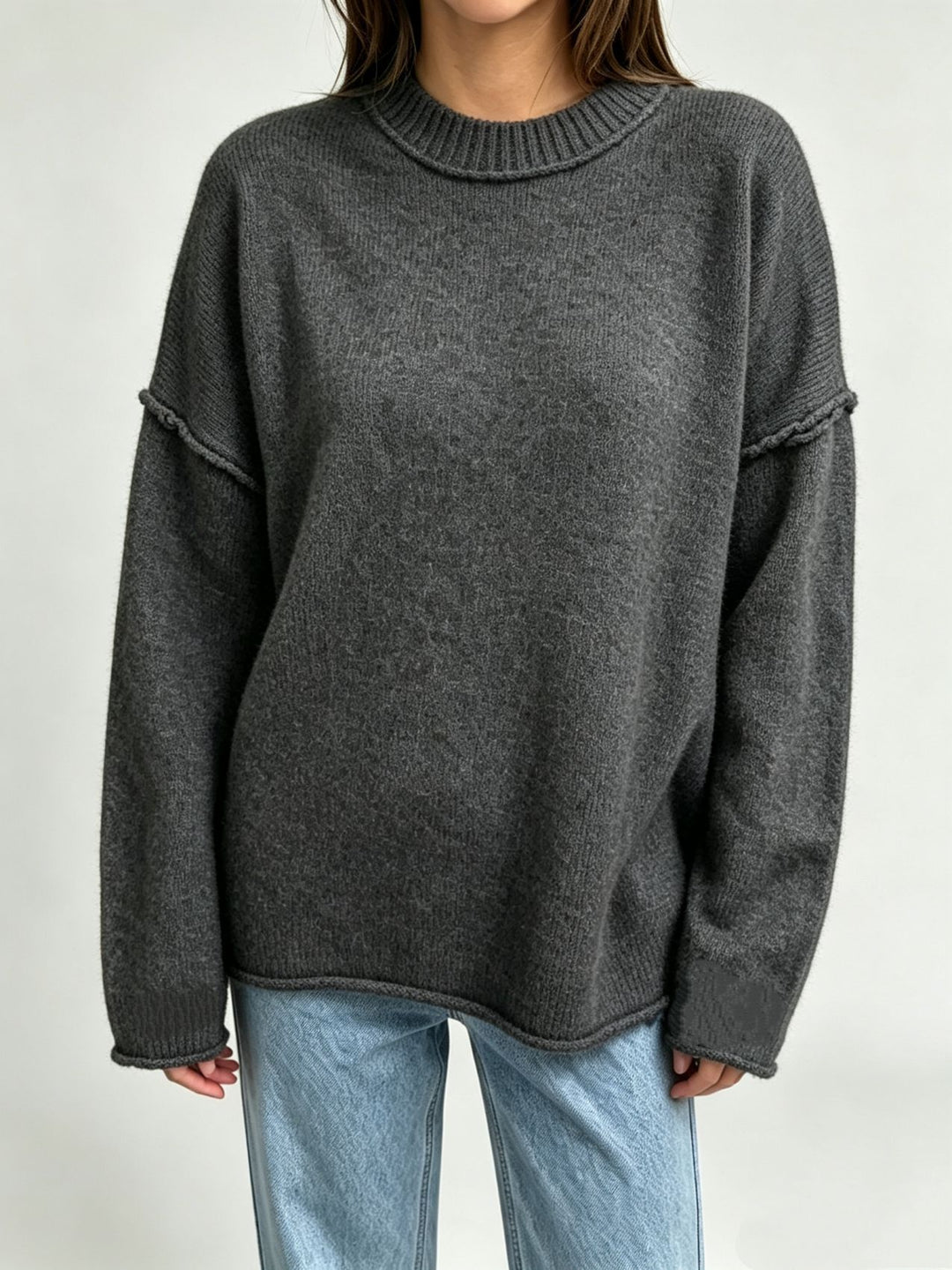 Damen Oversize-Boxy-Pullover mit kurzem Stehkragen und dekorativer Kantennaht EB