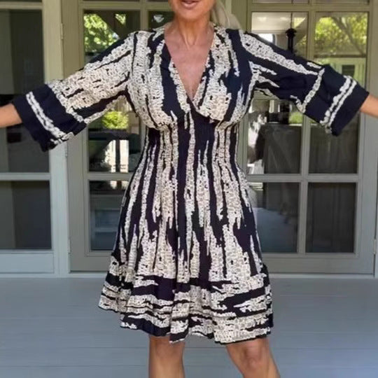 Damen Midikleid mit verspieltem Muster und eleganten 3/4-Ärmeln EB