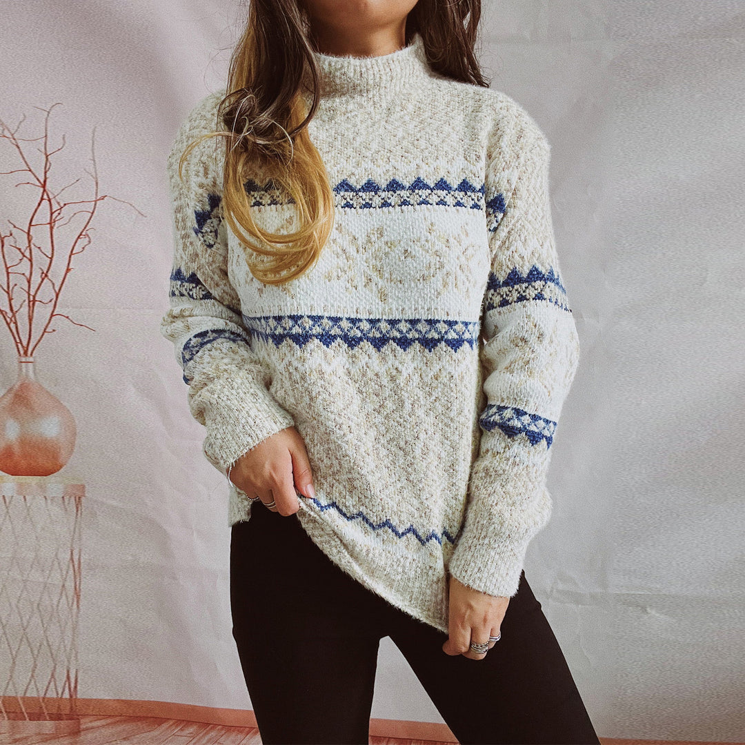 Damen Strickpullover mit geometrischem Muster und hohem Kragen EB