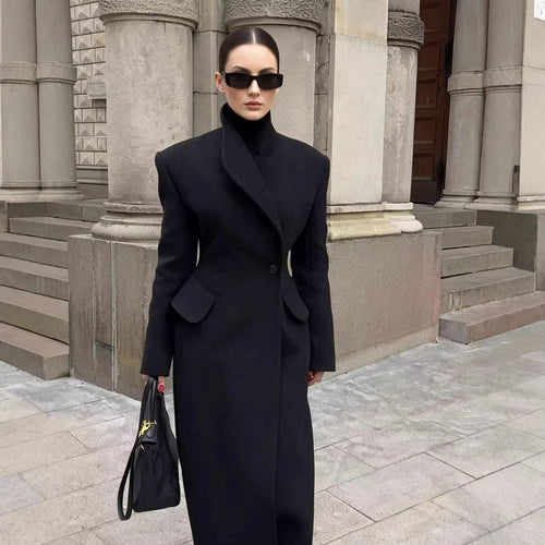 Damen nan Maxilanger Wollmixmantel mit taillierter Silhouette, Reverskragen und Pattentaschen EB