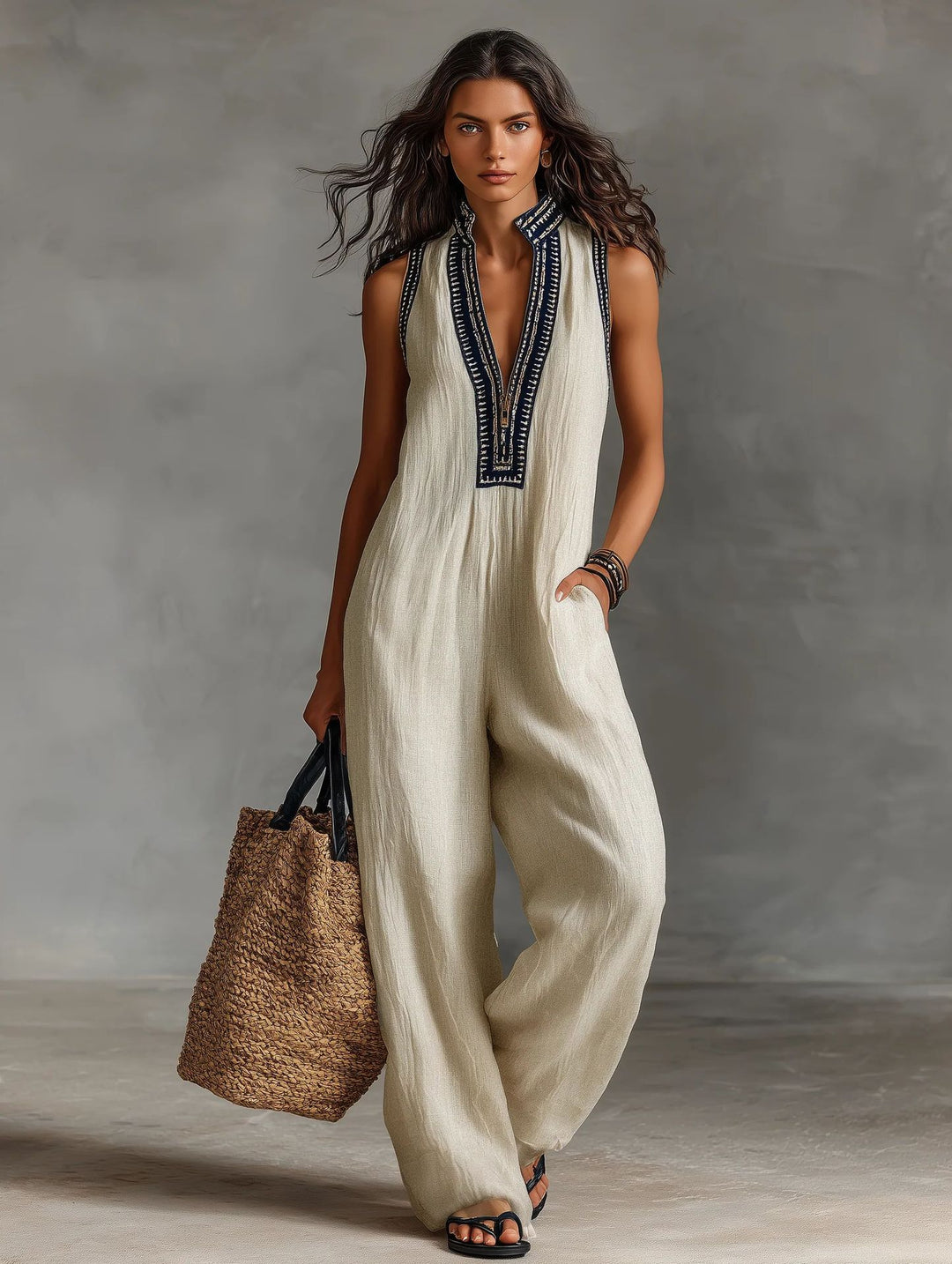 Damen luftiger Jumpsuit mit elegantem V-Ausschnitt und besticktem Kragen EB