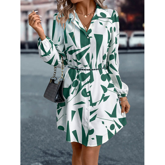 Damen geometrischer Druck Knopf-up Kleid EB
