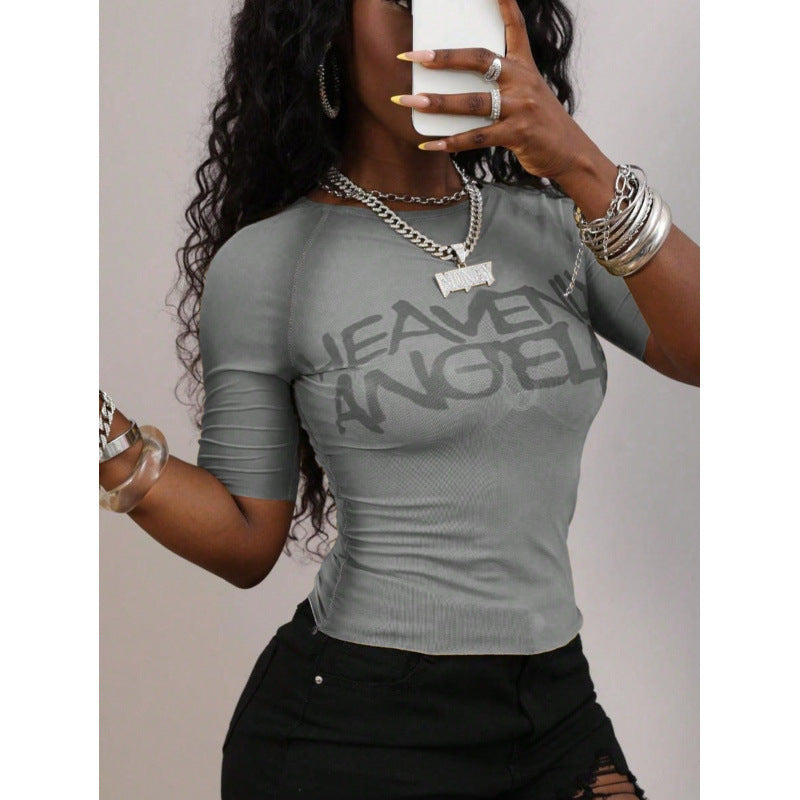 Damen figurbetontes T-Shirt mit urbanem Schriftzug und modischem Schnitt EB