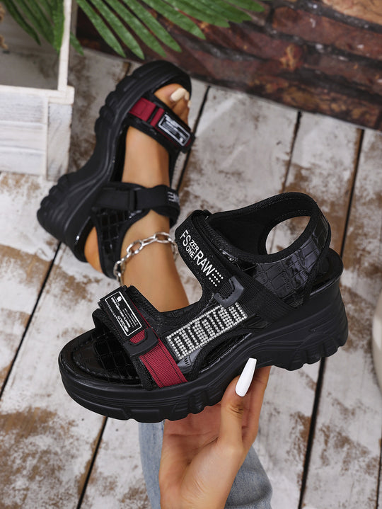 Damen Plateau-Sandalen mit verstellbaren Riemen und modischem Glitzer-Design EB