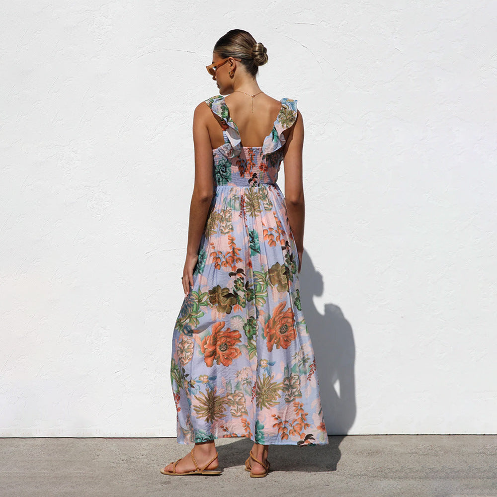 Damen Maxikleid mit Volantärmel und floralem Design EB