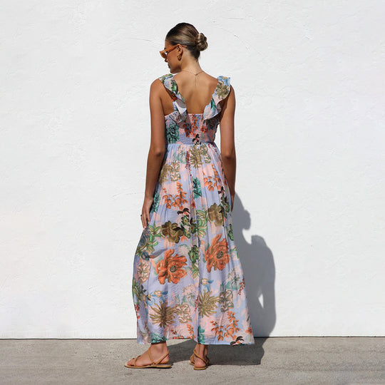 Damen Maxikleid mit Volantärmel und floralem Design EB