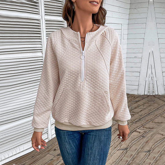 Damen Stepp‑Sweatshirt mit Halbzip, Kapuze und Kängurutasche EB