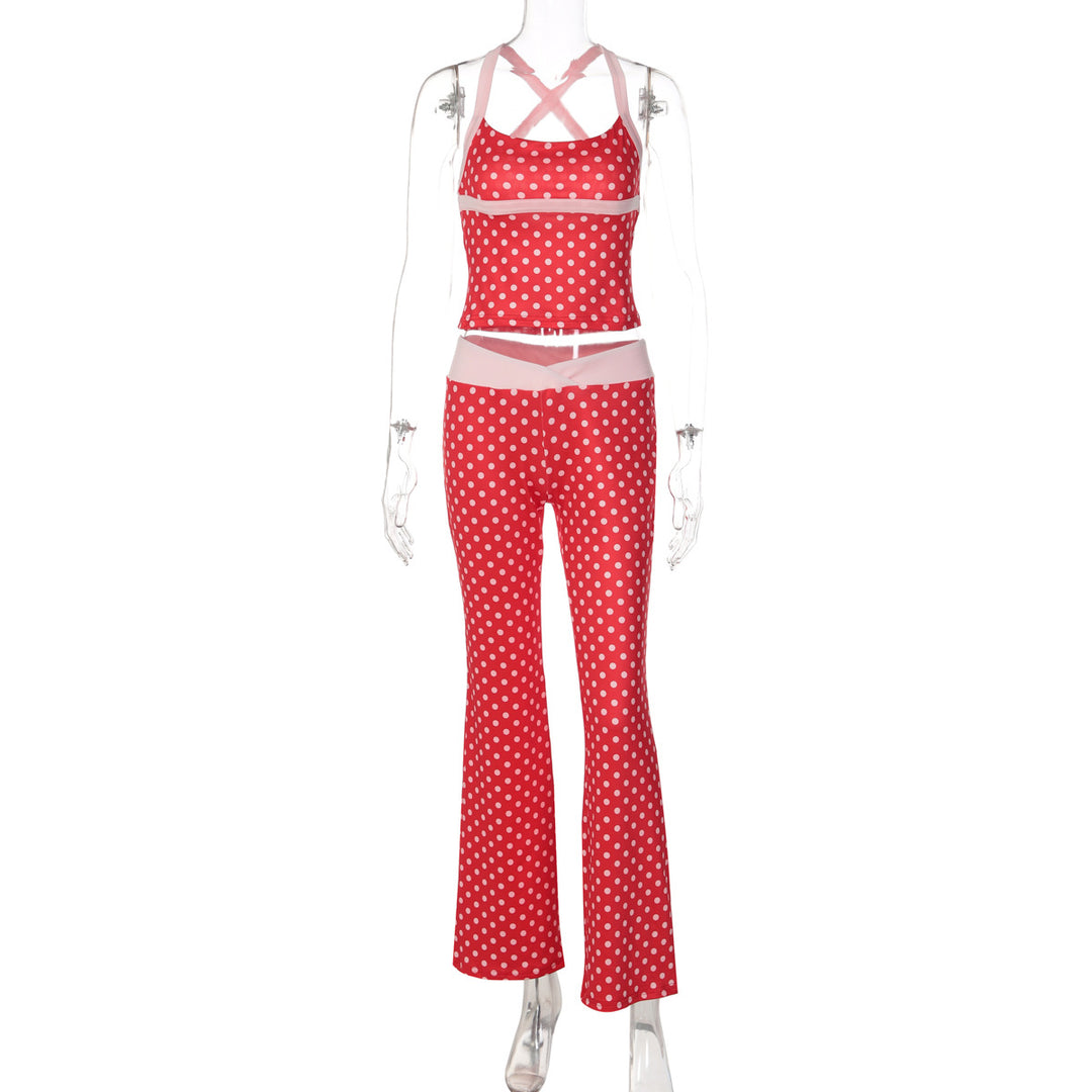 Damen Polka Dot Sportanzug mit cropped Oberteil und Flared Pants EB