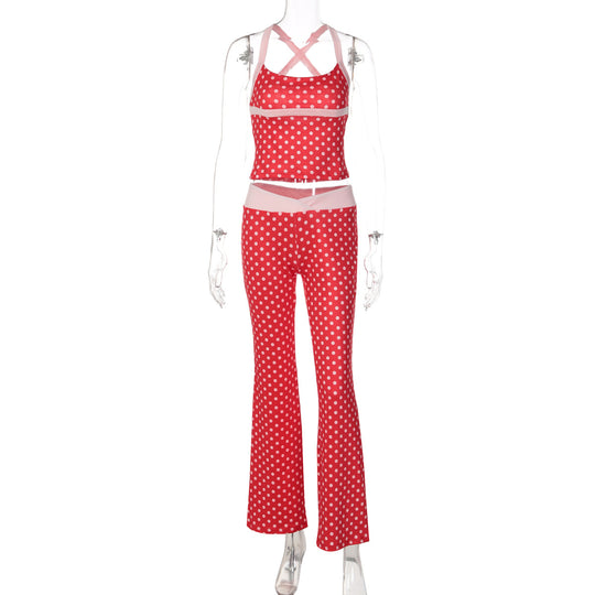 Damen Polka Dot Sportanzug mit cropped Oberteil und Flared Pants EB