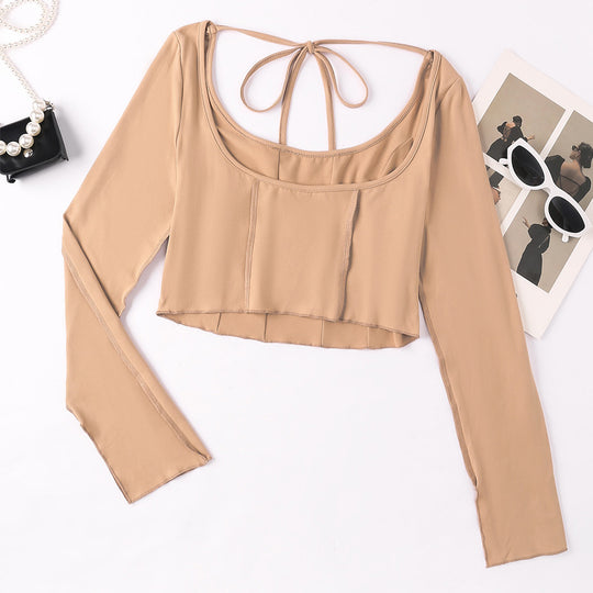 Damen Langarm-Crop-Top mit raffiniertem Wickeldetail EB