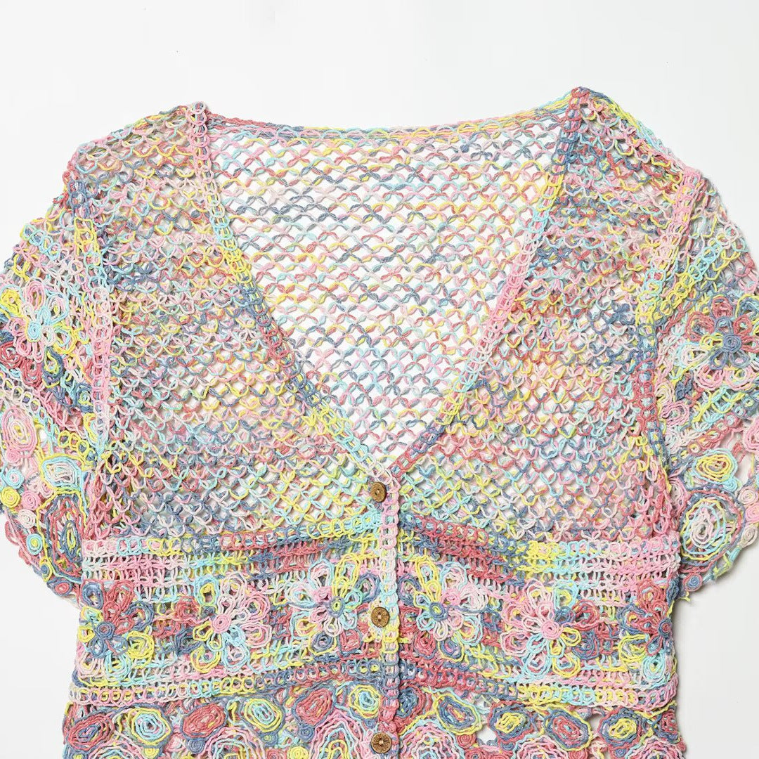 Damen luftiger Spitzen-Crochet-Cardigan mit buntem Häkelmuster EB