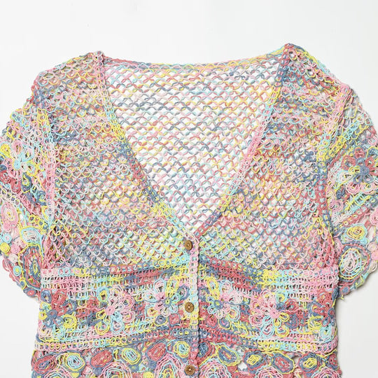Damen luftiger Spitzen-Crochet-Cardigan mit buntem Häkelmuster EB
