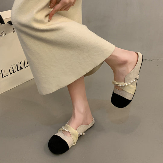 Damen Modische Ballerina-Pantoletten mit eleganter Perlenverzierung EB
