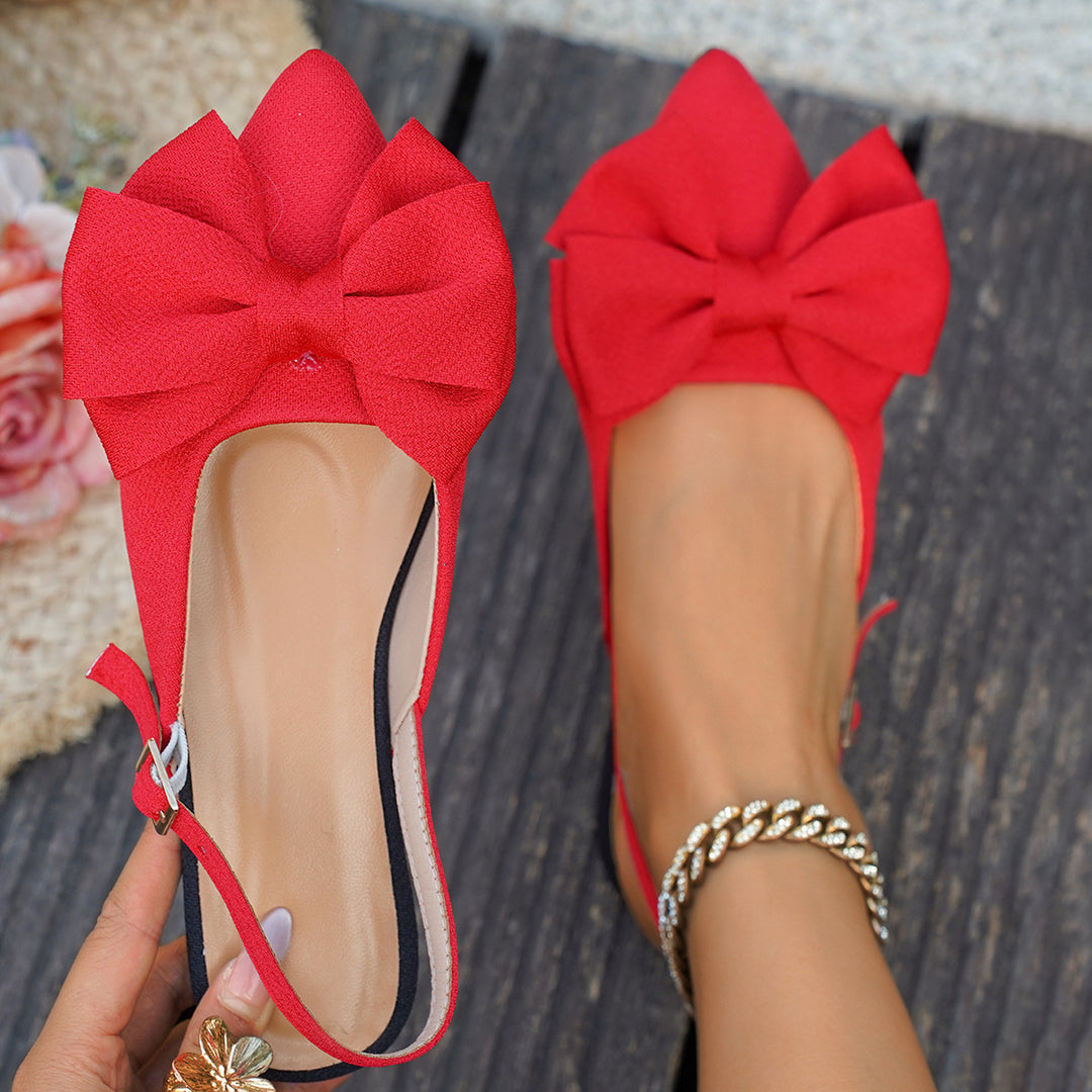 Damen Spitz zulaufende Slingback-Ballerinas mit großer Stoffschleife und flacher Gummisohle EB