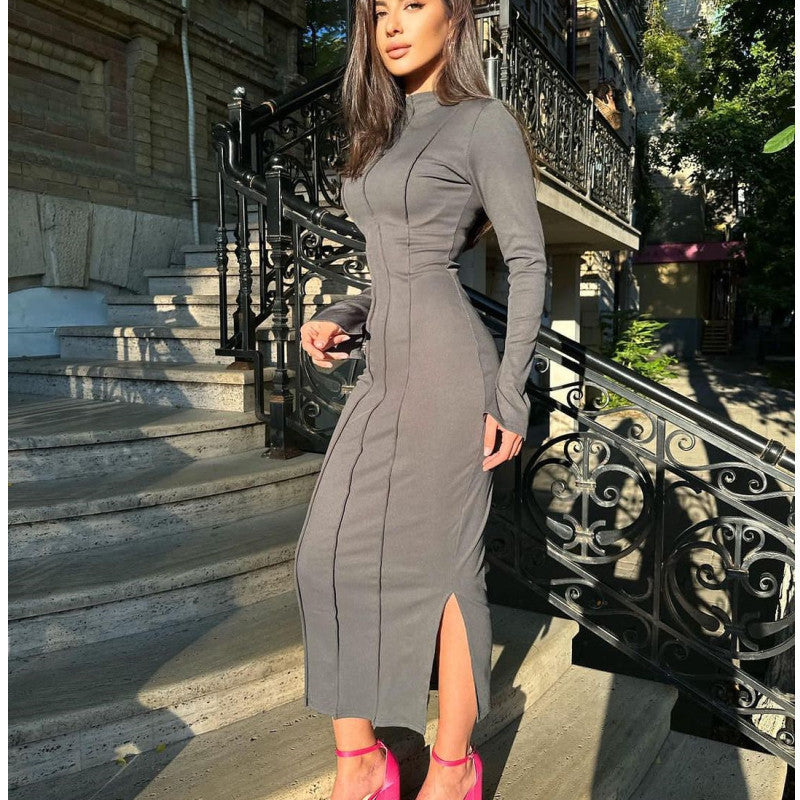 Damen figurbetontes Maxikleid mit schmalem Saum und langen Ärmeln EB