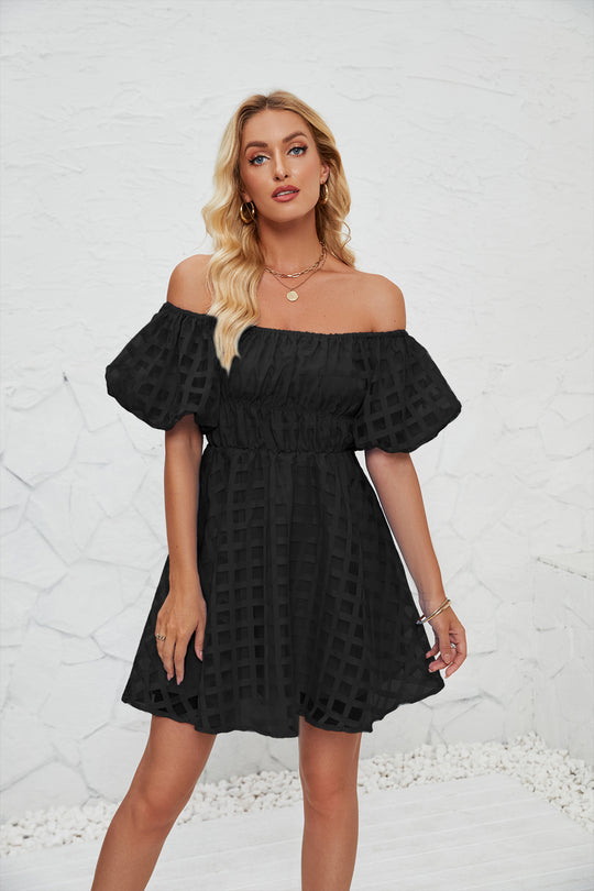 Damen Freizeitkleid im modernen Karomuster mit Puffärmeln und elastischer Taille EB