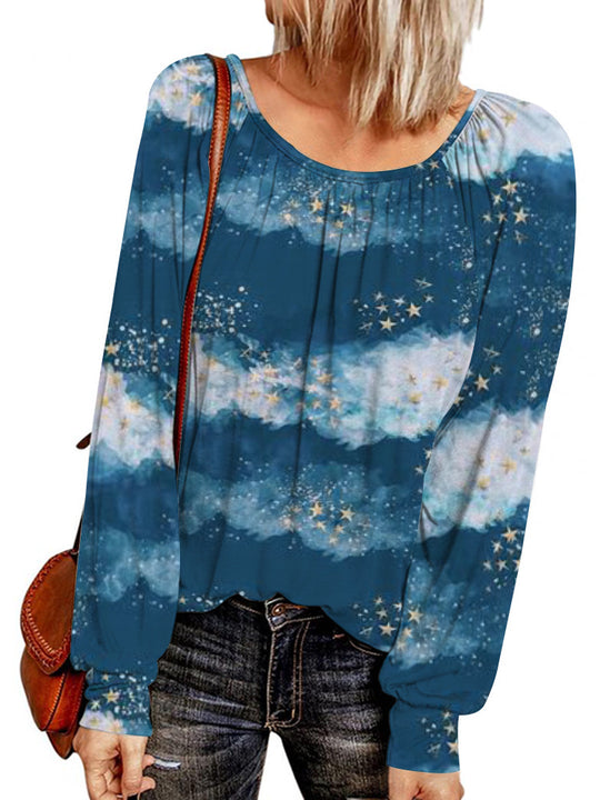 Damen Ethno-Print Oversize-Tunika mit Rundhalsausschnitt und langen Ballonärmeln EB