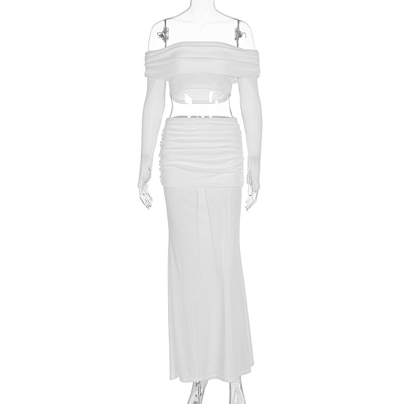 Damen Off-Shoulder Maxi-Kleid mit gerafftem Oberteil und elegantem Rock EB