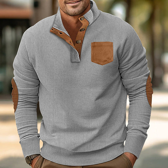 Herren eleganter Strickpullover mit Knopfleiste und kontrastierenden Ellbogenpatches EB
