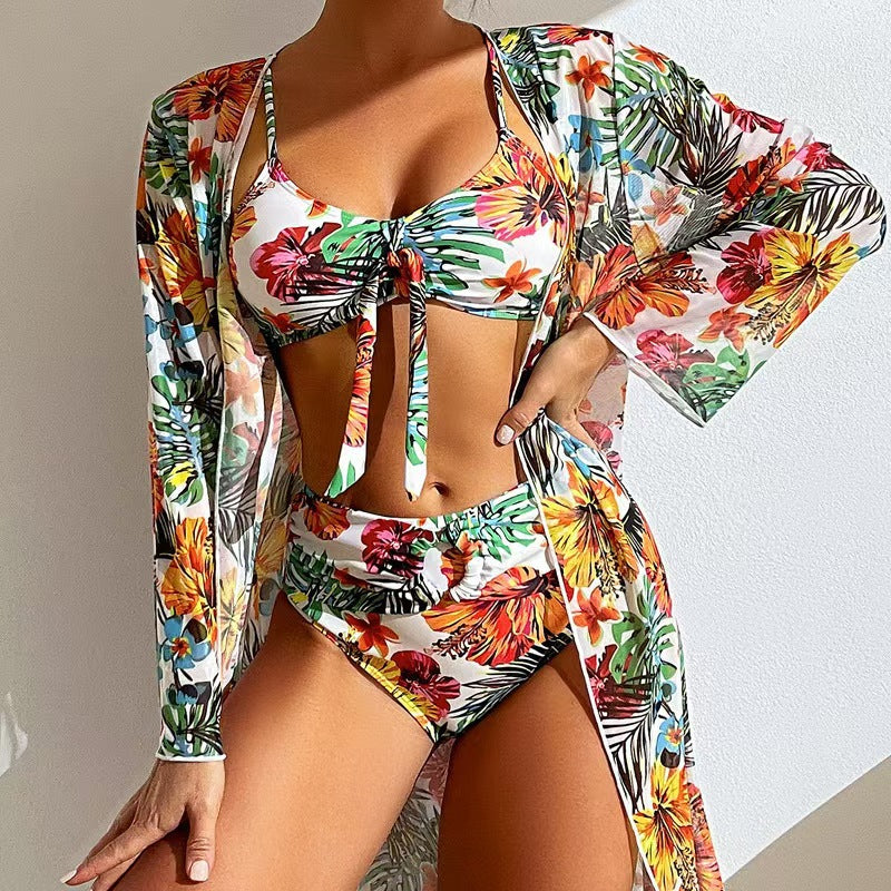 Damen Bikini-Set mit floralen Mustern und luftiger Kimono-Überjacke EB