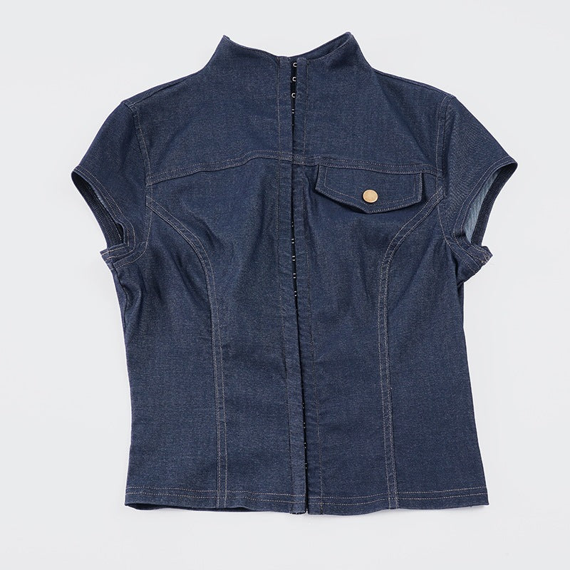 Damen modische Kurzarm Denim-Bluse mit eleganter Knopf-Detailierung EB