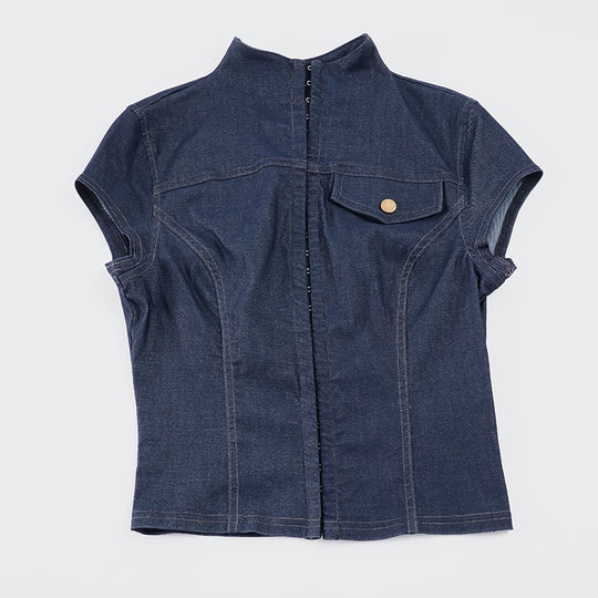 Damen modische Kurzarm Denim-Bluse mit eleganter Knopf-Detailierung EB
