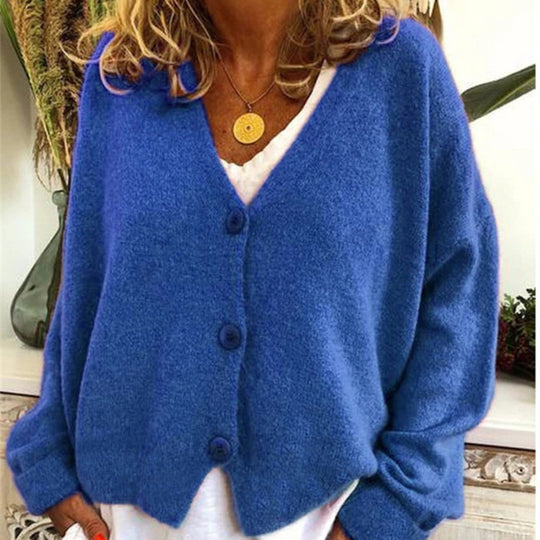 Damen lässiger Strickcardigan mit tiefem V-Ausschnitt und großen Knöpfen EB