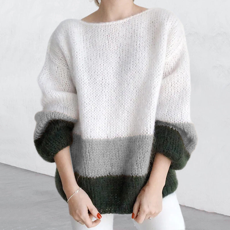 Damen Grobstrickpullover mit modernem Blockmuster und lässigem Schnitt EB