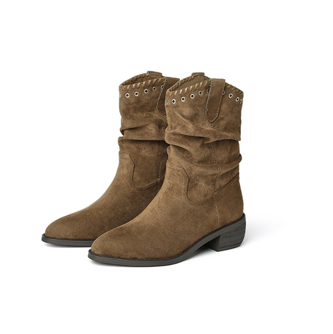Damen modische Stiefeletten im Antik-Look mit dekorativen Nieten und flexiblem Schaft EB