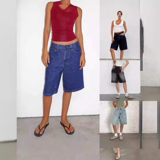 Damen lässige Denim-Shorts mit weitem Schnitt und hohen Seitentaschen EB