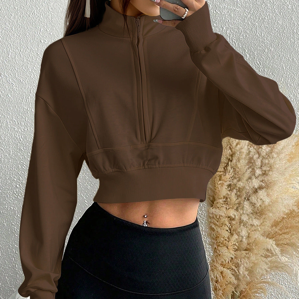 Damen kurzes Stehkragen-Sweatshirt mit halbem Reißverschluss, tailliertem Rippenbund und Daumenloch-Ärmeln Eichborn Berlin