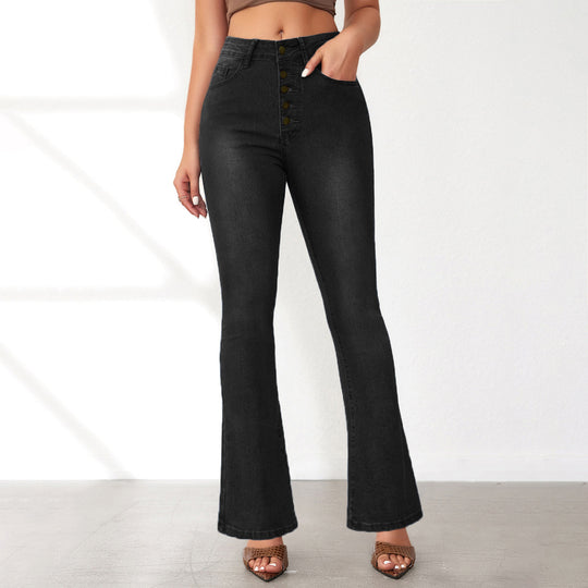 Damen Flared Jeans mit hohem Bund und Knopfdetail EB