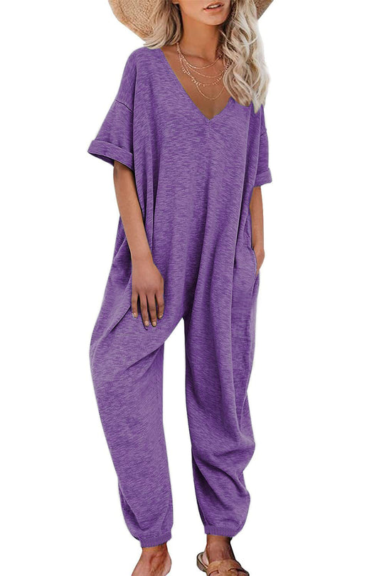 Damen Oversized Jumpsuit mit tiefem V-Ausschnitt und lässigen Taschen EB