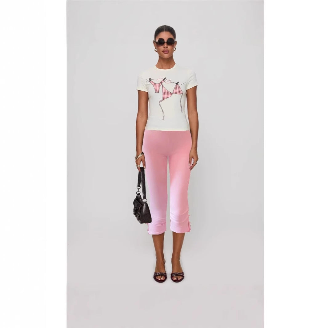 Damen T-Shirt mit kreativem Druck und figurbetontem Schnitt EB