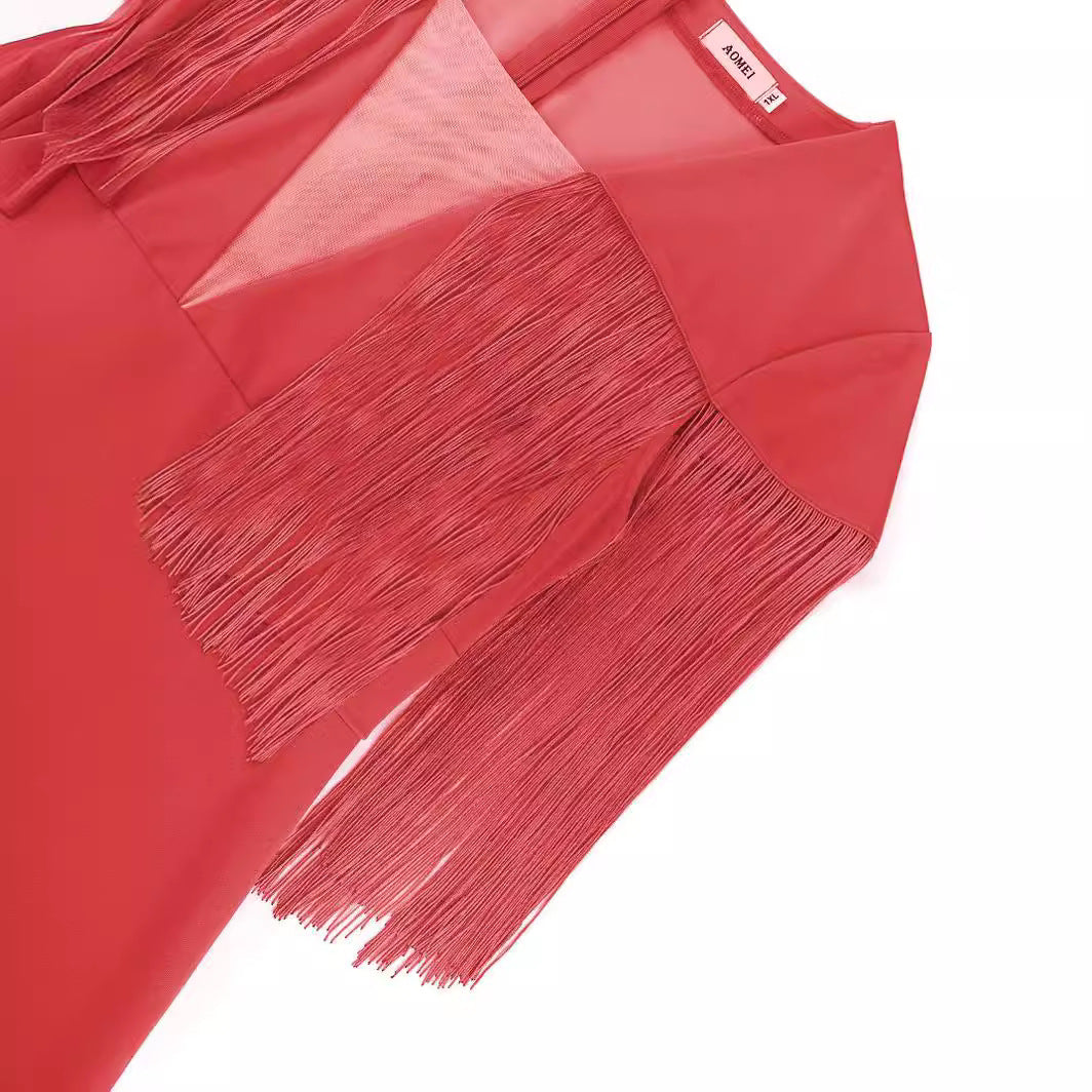 Damen Figurbetontes Kleid mit fransigen Ärmeln EB