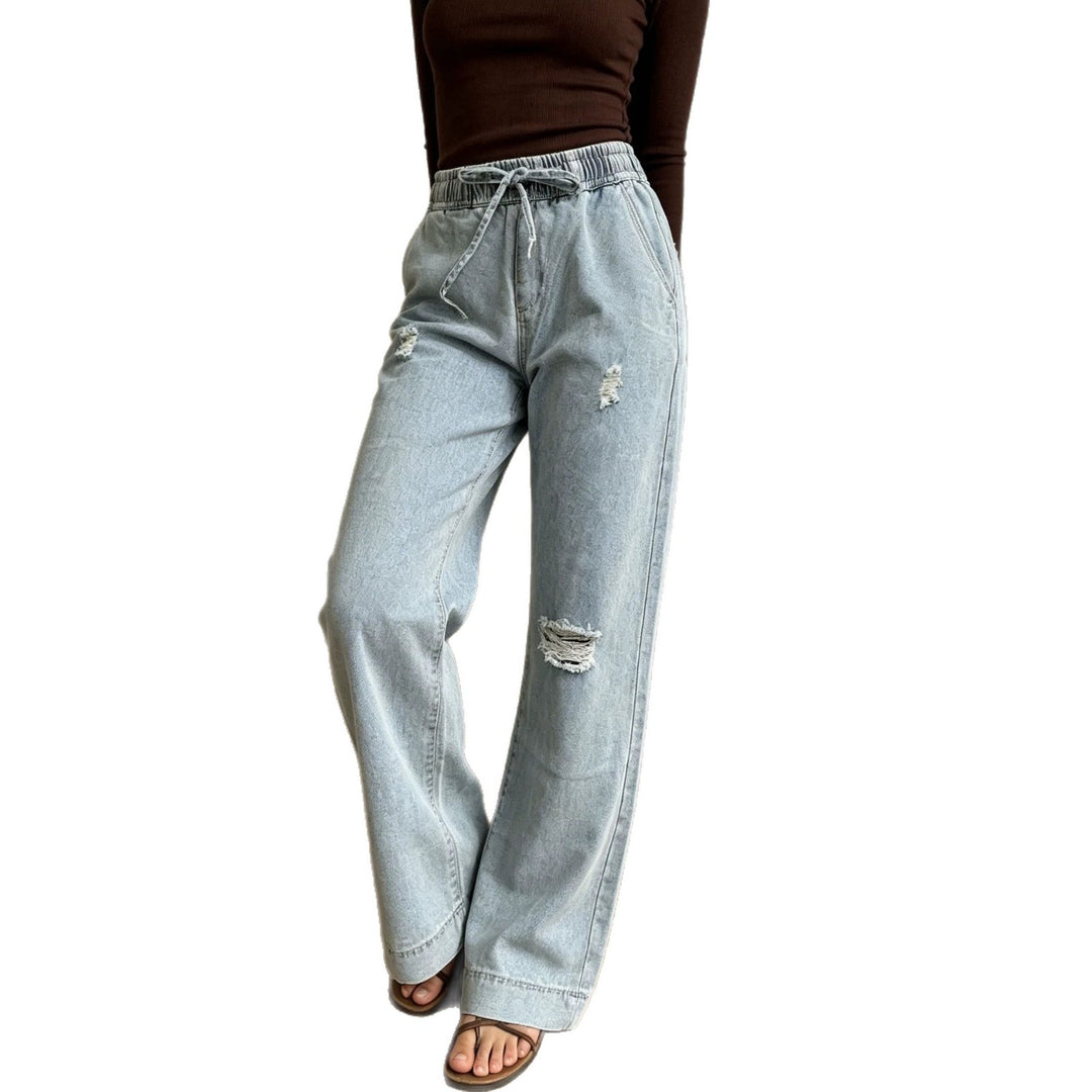 Damen nan weite Denimhose mit elastischem Kordelbund, Used-Effekten und lockerer Passform EB