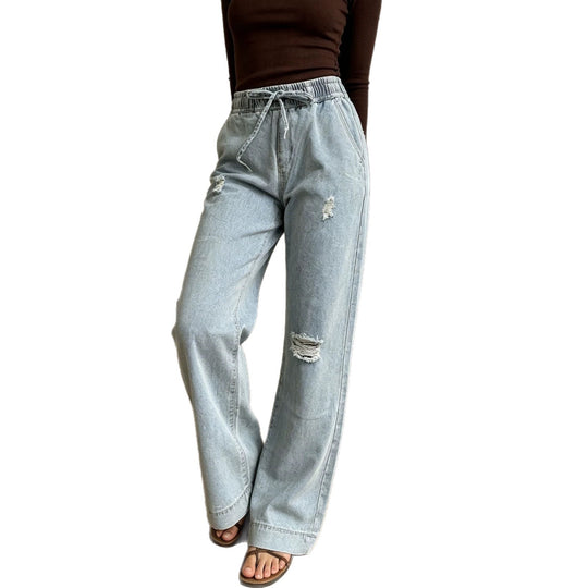 Damen nan weite Denimhose mit elastischem Kordelbund, Used-Effekten und lockerer Passform EB