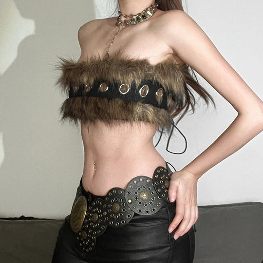 Damen Modisches Kunstpelz-Bustier mit dekorativen Details EB