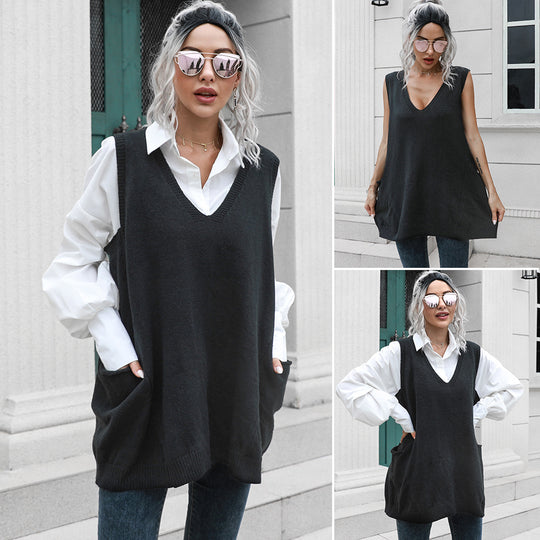 Damen Strickkleid mit tiefem V-Ausschnitt und lässigem Schnitt EB